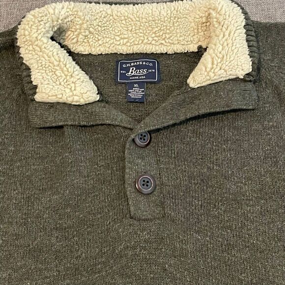GH Bass & Co Men's Size XL 1/4 Button Knit Sweater Green Sherpa Mock Neck Collar - Picture 1 of 9